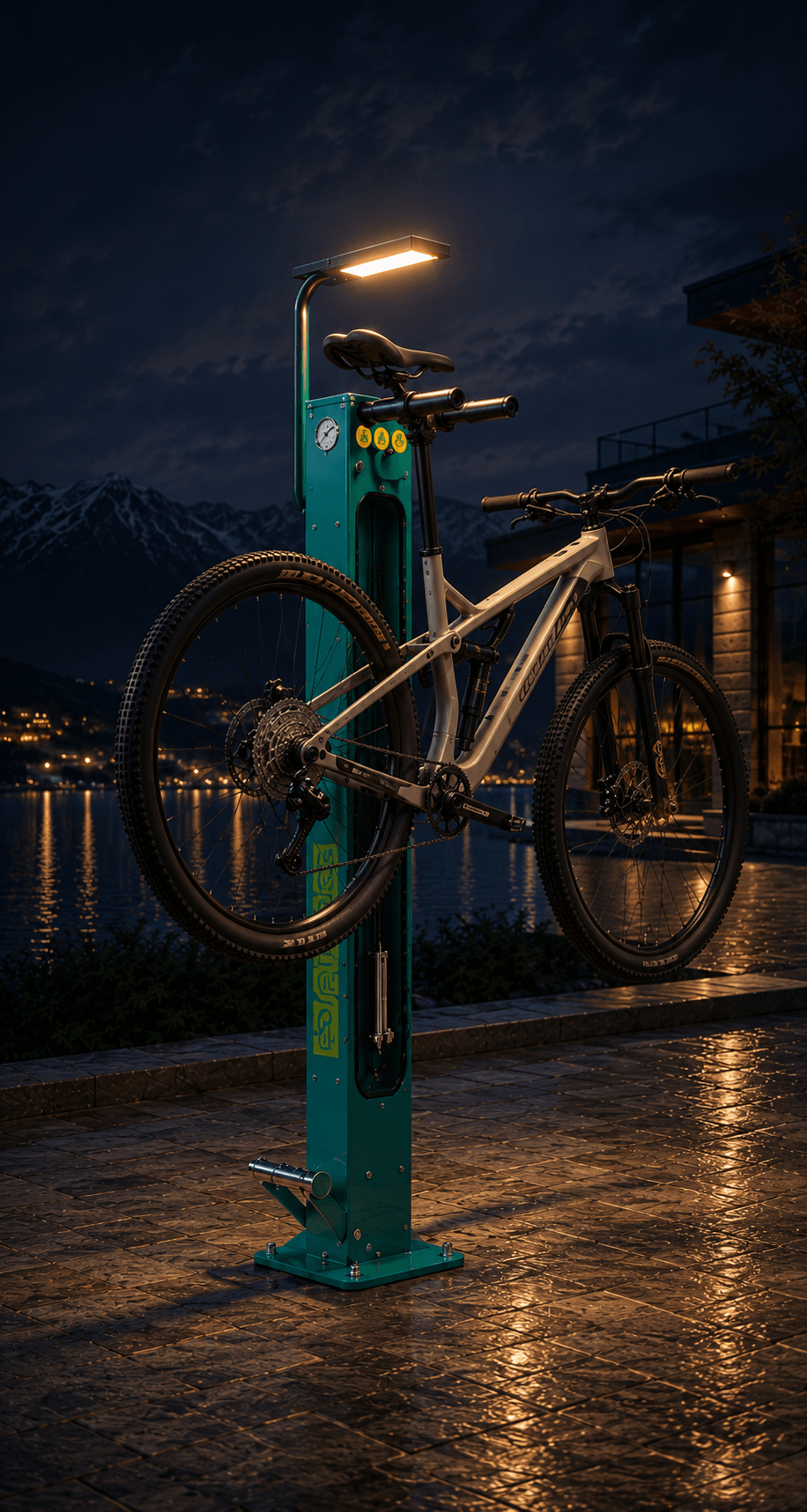 Mobile hero image of outdoor bicycle repair station with premium e-bike